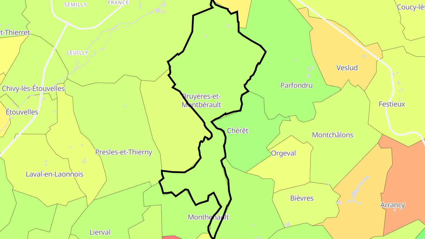Carte des prix de l'immobilier Bruyères-et-Montbérault
