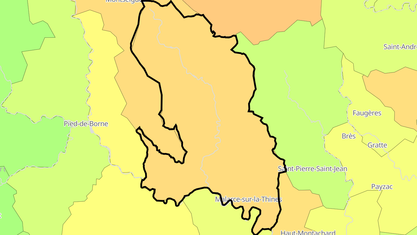 Carte des prix de l'immobilier Malarce-sur-la-Thines
