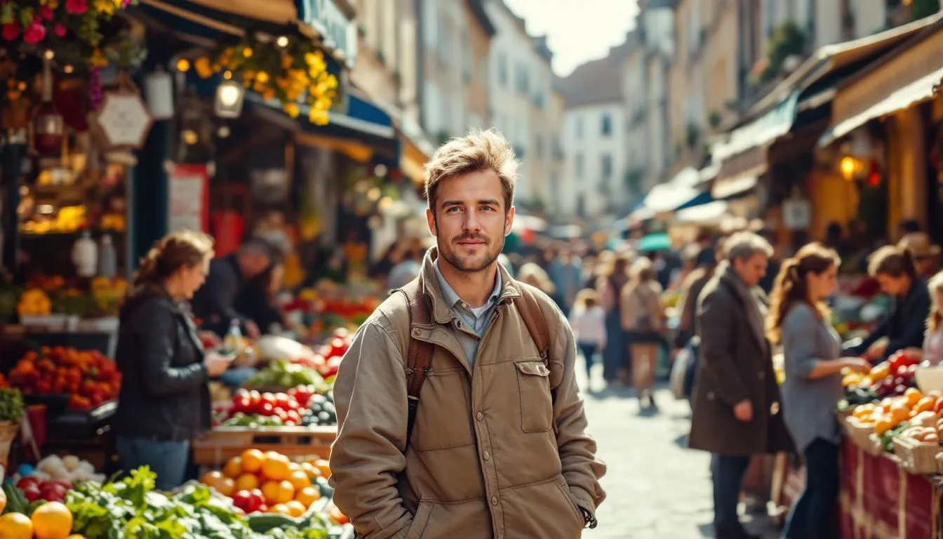 Un couple visite un village français pittoresque à la recherche de biens immobiliers.